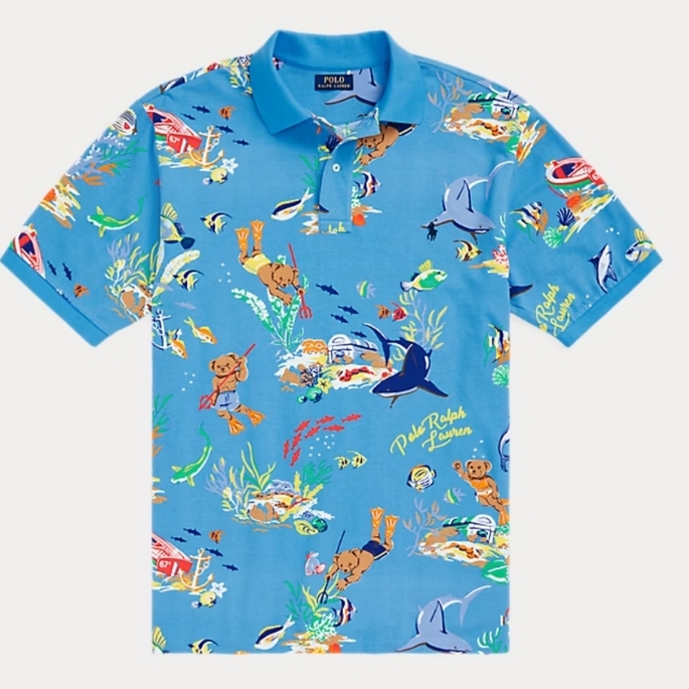 Polo Ralph Lauren Allover Bear Ocean Print Custom Slim Fit Polo Sz XL (18-20)